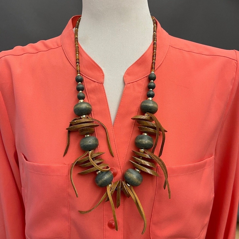 Wood Wooden Brown Green Gold-tone Beaded Beads Suede Women's Fashion Necklace